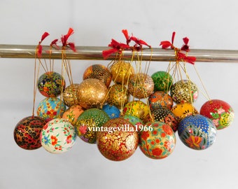 手作り紙張り子のクリスマスボールオーナメント：手描き、20個セット