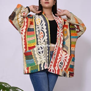 Handmade Cotton Kantha Jacket: Vintage Mirror Work Patchwork, One Size