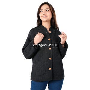 Black Cotton Quilted Jacket: Handmade Indian Women&#39;s Winter Coat