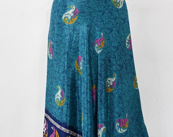 Floral Printed Silk Saree Skirt: Reversible Wrap Hippie Skirt