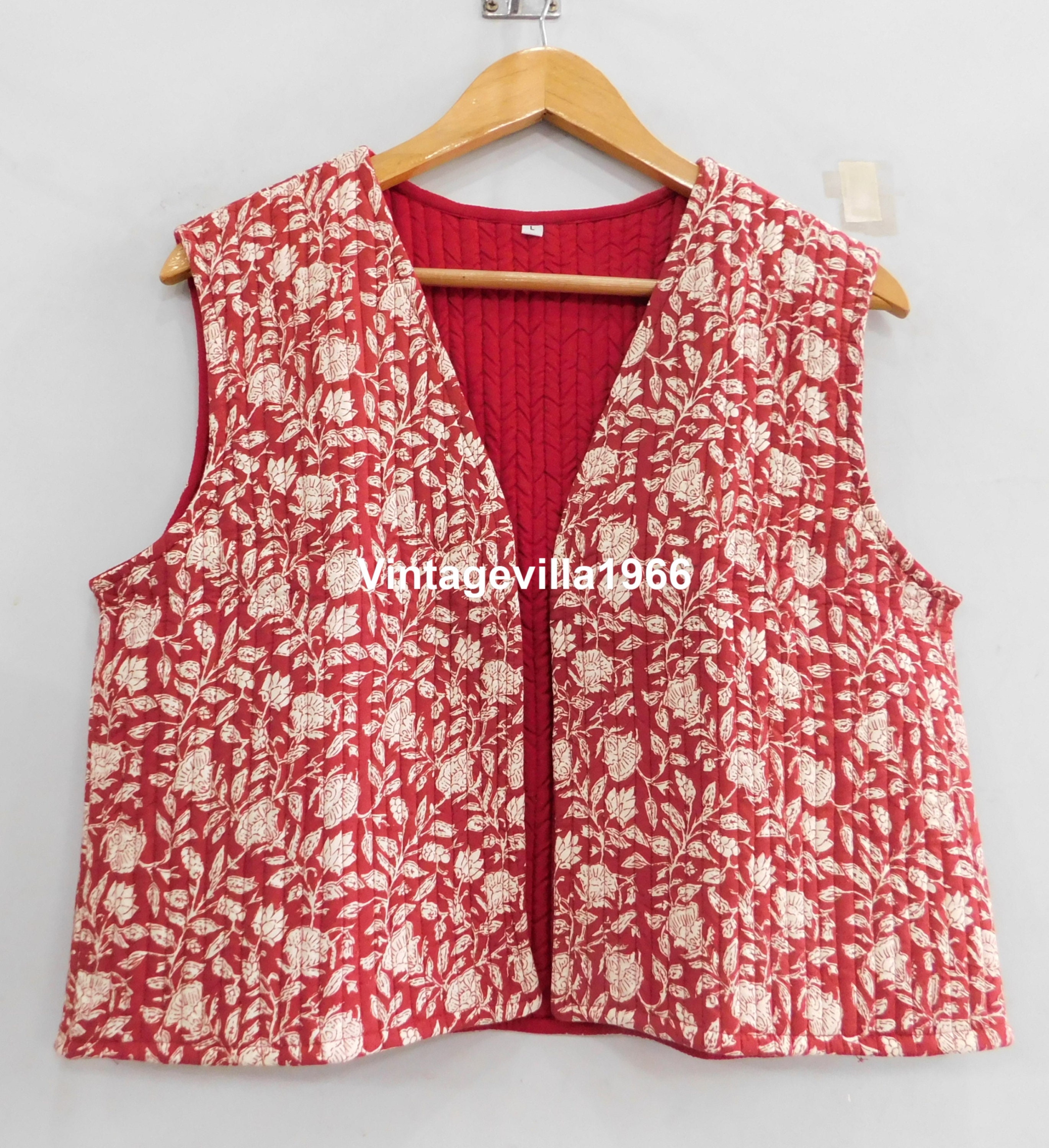 Red Quilted Vest, Block Printed Vest Coat, Jacket for Women
