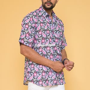 Pink black cotton shirt, handmade block printed paisley print men shirts beach summer wear half sleeve designer casual comfortable men shirt