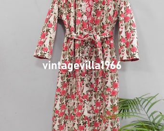 Floral Cotton Quilted Kimono Robe: Bohemian Block Print Sleepwear