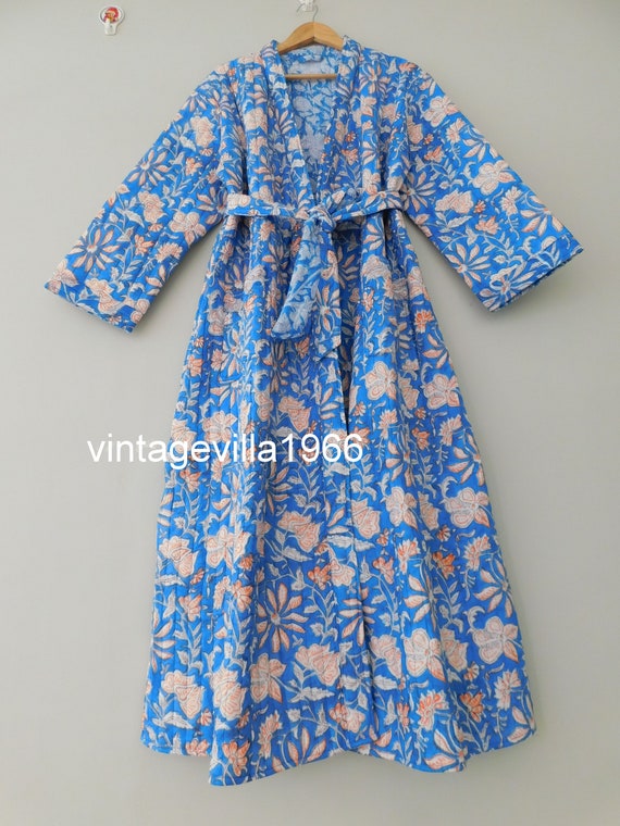 Floral Cotton Dressing Gown with Blue Stripe Trim