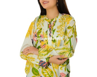 Yellow Floral Cotton Blouse: Bohemian Screen Print Top