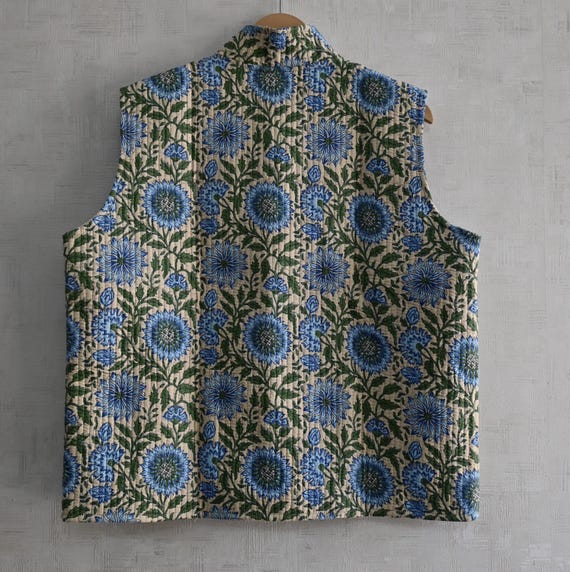 Handmade Cotton Block Printed Quilted Vest Short Designer Winter