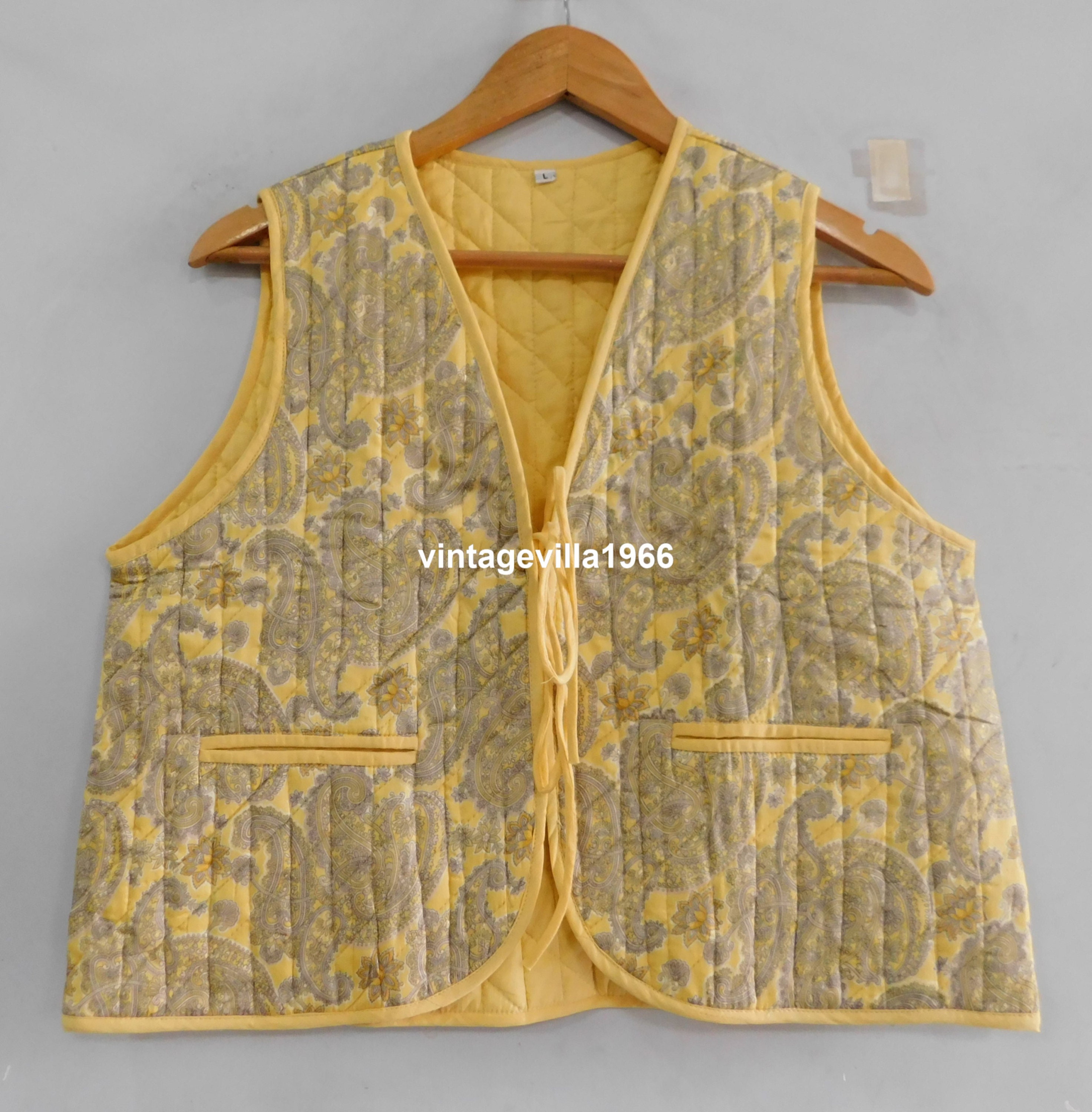 Yellow paisley print vest coat, designer short vest, cotton quilted vests, vest for women, wedding wear waist coat quilted jacket