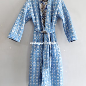 Blue Cotton Quilted Kimono Robe: Reversible Boho Dressing Gown