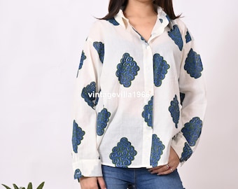 Oversized katoenen oversized overhemd met handblokprint: casual damesblouse