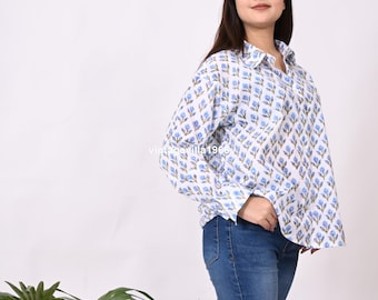 Handgemaakt katoenen overhemd met blokprint: boho-hippietop voor dames