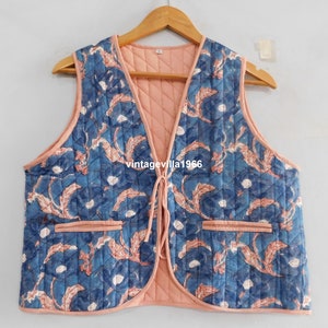 Floral Block Print Quilted Cotton Vest: Handmade Indian Jacket