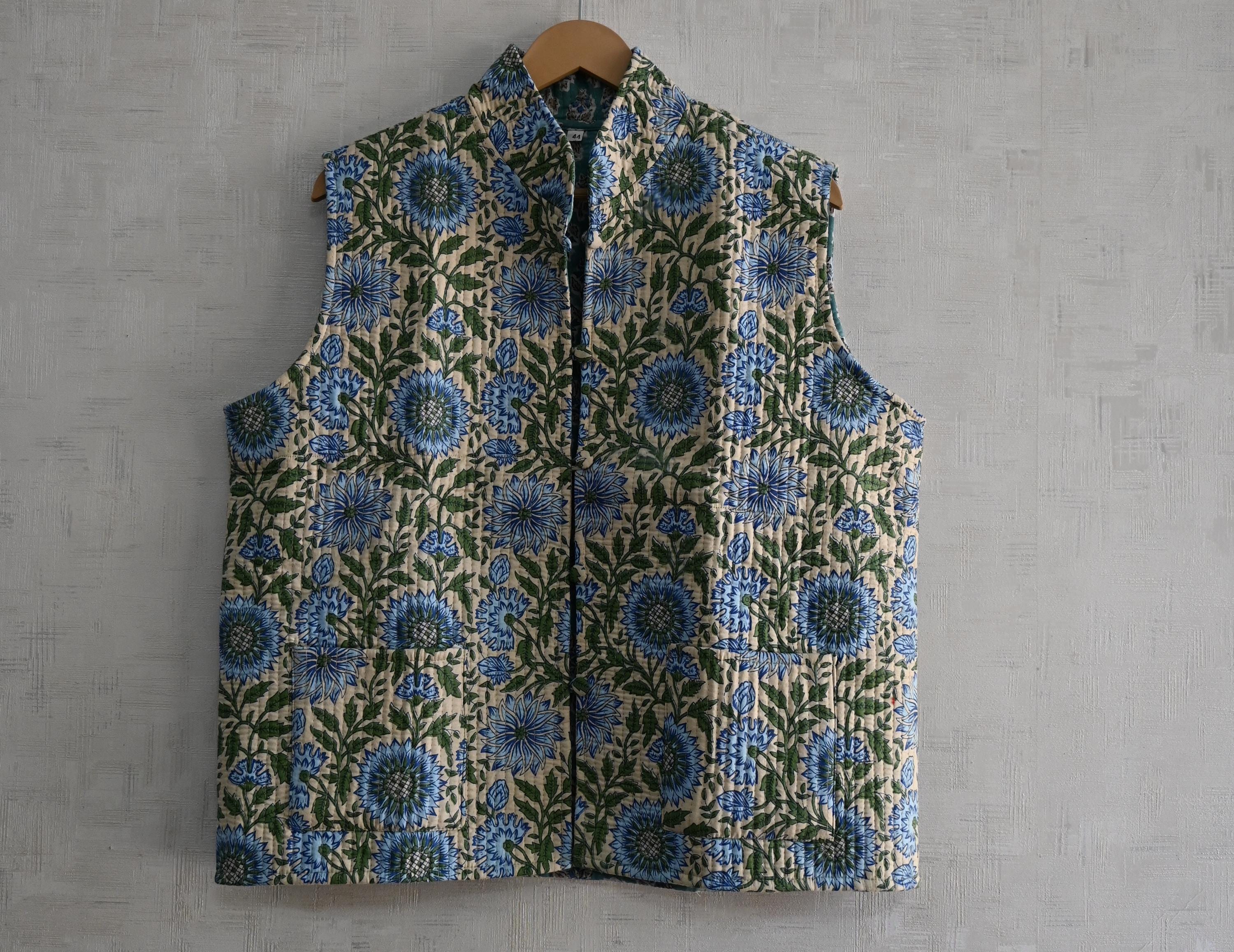 Handmade Cotton Block Printed Quilted Vest Short Designer Winter