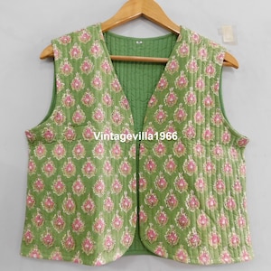 Green Cotton Quilted Vest: Boho Block Print Jacket
