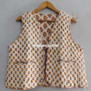 Yellow Floral Print Quilted Vest: Handmade Cotton Boho Jacket