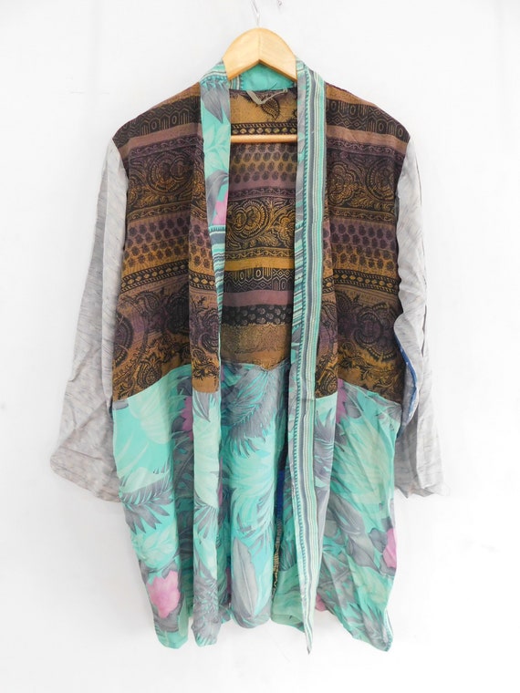 Silk beach wear dress, vintage sari kimono, pure … - image 2
