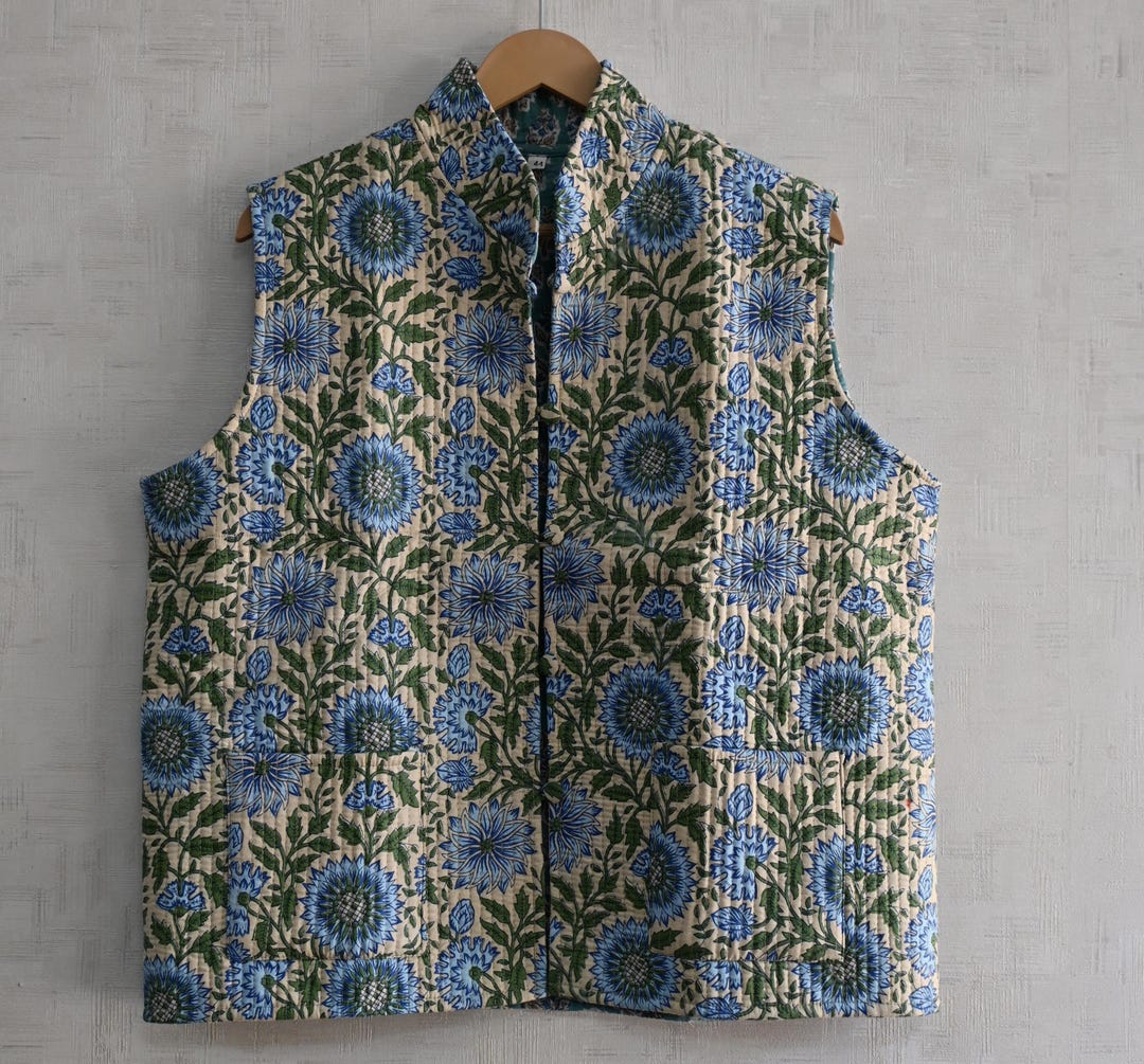 Handmade Cotton Block Printed Quilted Vest Short Designer Winter