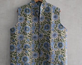 Handmade Cotton Block Printed Quilted Vest Short Designer Winter