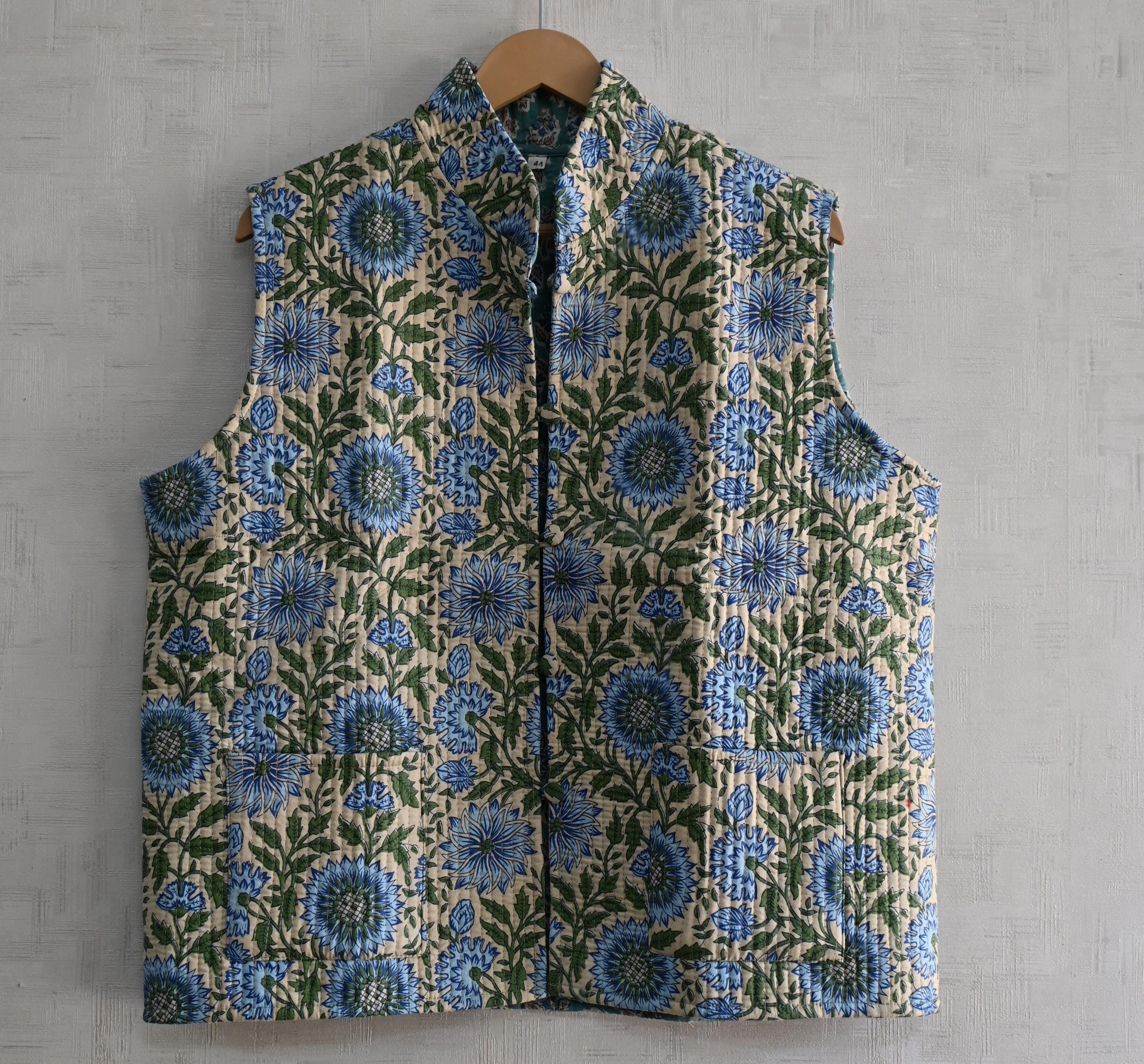 Handmade Cotton Block Printed Quilted Vest Short Designer Winter
