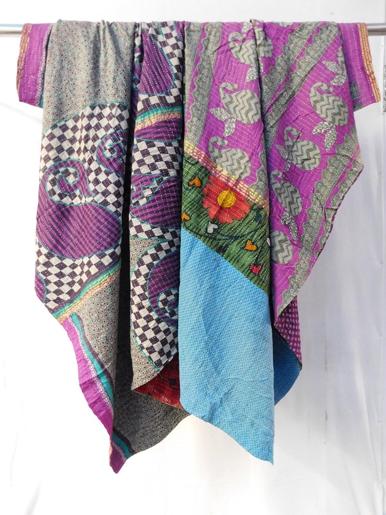 Beach Throw Bed Cover Spread Bedding Gudri Sari Throw Home Decorative Ethnic Blanket Indian Vintage Twin Size Reversible Kantha Quilt