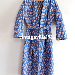 Hand Block Printed Cotton Quilted Robe: Floral Padded Jacket