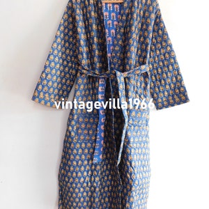Blue bathrobe, cotton block print kimono, quilted jacket, cotton quilted kimono jackets robe, bridesmaid winter warm sleepwear