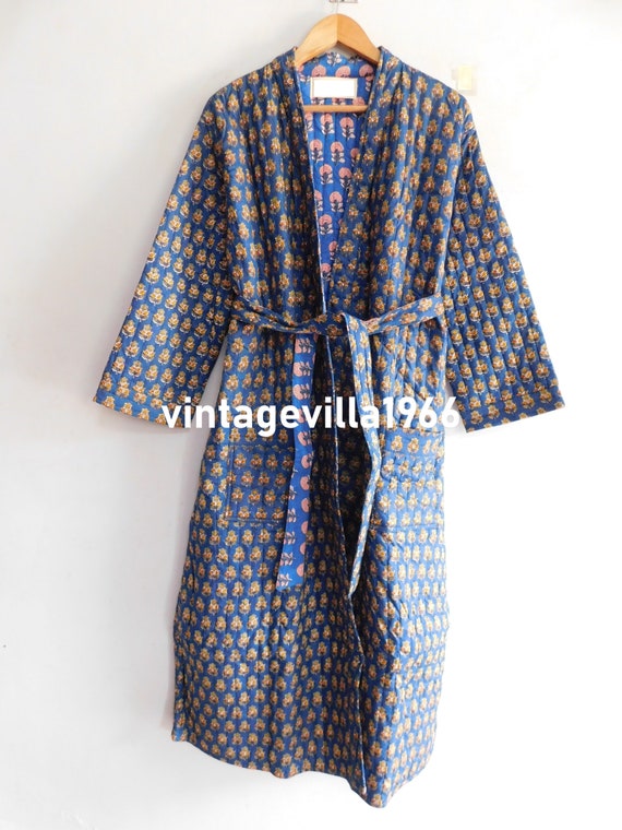 Blue bathrobe, cotton block print kimono, quilted… - image 1