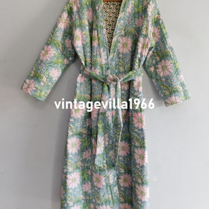 Block Print Cotton Quilted Kimono Robe: Floral Padded Jacket