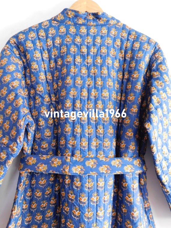 Blue bathrobe, cotton block print kimono, quilted… - image 5
