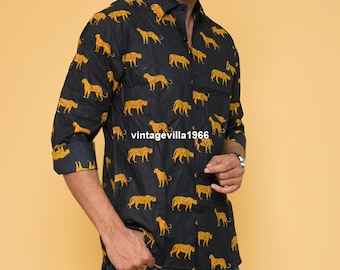 Tiger Print Cotton Men's Shirt: Handmade Indian Boho Style