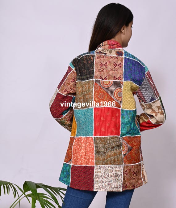 Silk Patchwork Quilted Jacket: One Size Saree Coat - image 6