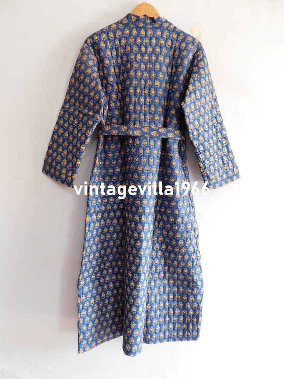 Blue bathrobe, cotton block print kimono, quilted… - image 4