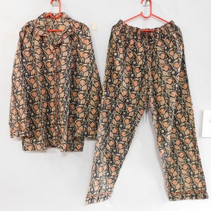 Black Floral Cotton Pajama Set: Handmade Block Print PJs