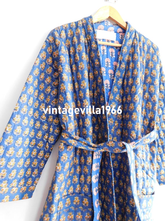 Blue bathrobe, cotton block print kimono, quilted… - image 3