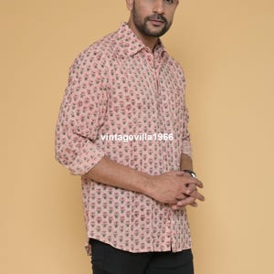 Handmade Cotton Block Print Shirt: Peach Floral Design