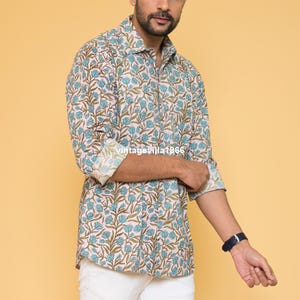 Pink Floral Block Print Men&#39;s Cotton Shirt: Handmade Summer Wear