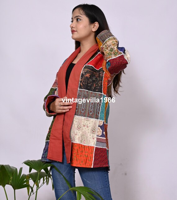Silk Patchwork Quilted Jacket: One Size Saree Coat - image 4