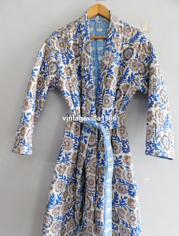 Peignoir kimono matelassé en coton fleuri robe de chambre bohème