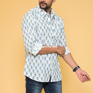 Block Printed Floral Cotton Shirt: Men&#39;s Boho Casual Wear