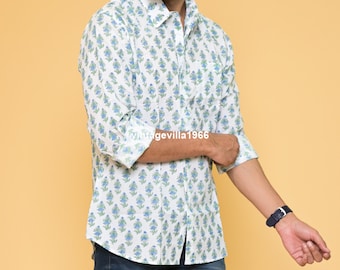 Block Printed Floral Cotton Shirt: Men's Boho Casual Wear