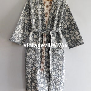Hand Block Printed Cotton Quilted Robe: Reversible Long Kimono Jacket
