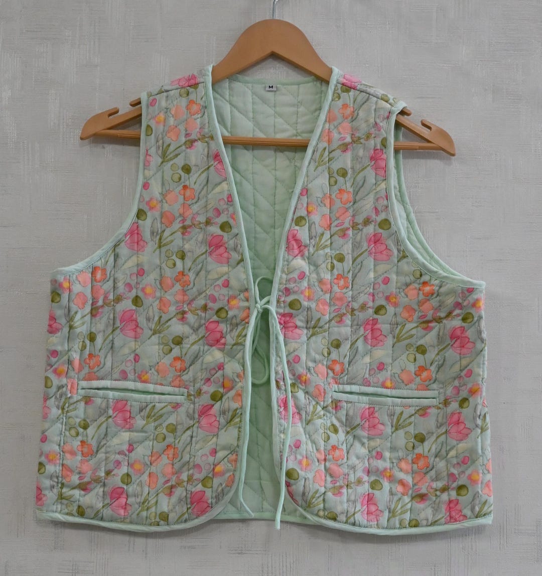 Floral Printed Cotton Quilted Vest: Handloom Short Waistcoat