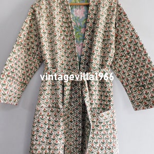 Handmade Cotton Quilted Kimono Jacket: Floral Block Print Robe