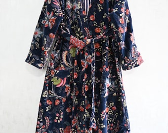 Blue Floral printed long kimono intimates sleepwear bridesmaid velvet dressing gown velvet robes