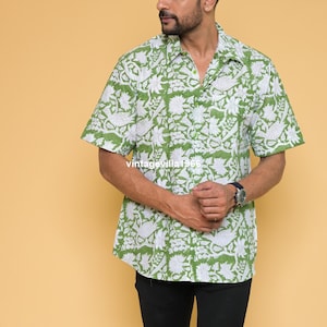 Green cotton shirt, bird print mens shirt, bohemian hippie designer men's clothing, shirts for men, block printed man shirts, summer shirts