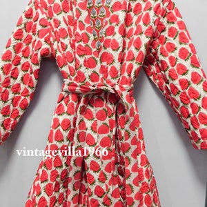 Strawberry Print Quilted Cotton Kimono Robe: Hand Block Printed Reversible Jacket