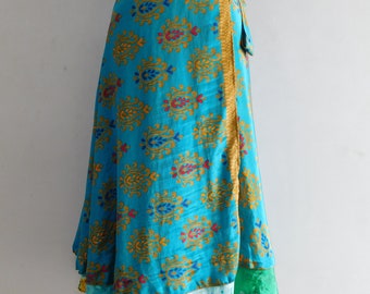 Indian handmade silk skirt, 2 layer magic wrap skirts , summer beach dress , vintage silk saree long skirt 510