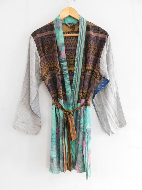 Silk beach wear dress, vintage sari kimono, pure … - image 1