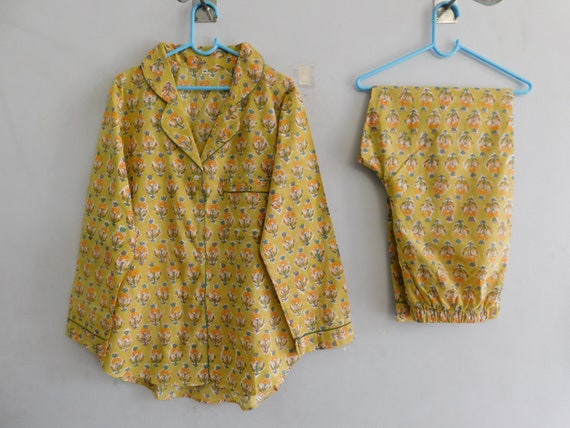 Yellow Floral print pj set, indian handmade cotto… - image 1