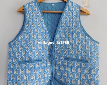 Blue cotton vest, blue floral printed vest coat, short jacket, quilted waist coat for women, sleeveless vests for women, gift for her