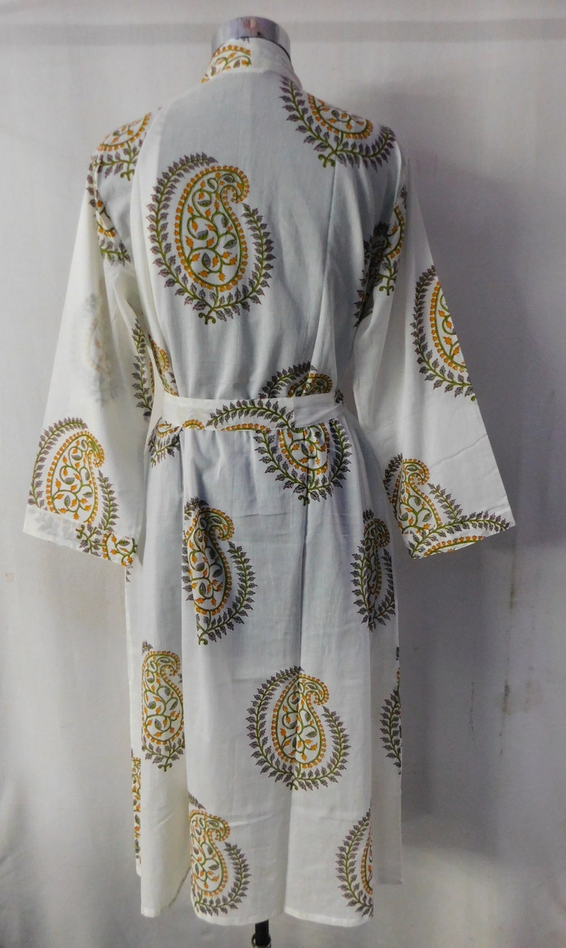 Intimate Sleepwear Dressing Gown White Buti Kimono Cotton Robes Bridal Dressing Gown Multi Colored Robe Hand Block Printed Bathrobe